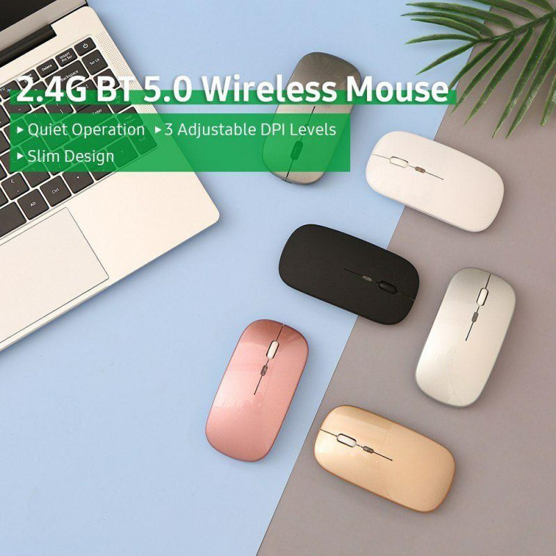 Mice | 2.4G BT 5.0 Wireless Ergonomic Slim Mouse Less Noise 3 Adjustable DPI Levels Rechargeable Mouse for Laptop, Computer, Black Grey Computer Peripherals Grey