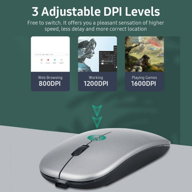 Mice | 2.4G BT 5.0 Wireless Ergonomic Slim Mouse Less Noise 3 Adjustable DPI Levels Rechargeable Mouse for Laptop, Computer, Black Grey Computer Peripherals Grey