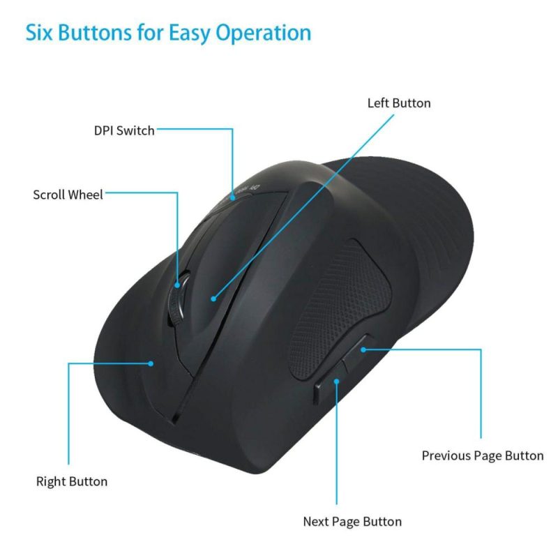 Mice | 2.4G Wireless Optical Mouse Vertical Mouse 6 Keys Ergonomic Office Mice with 3-gear Adjustable DPI for PC Laptop Black Black Computer Peripherals Black