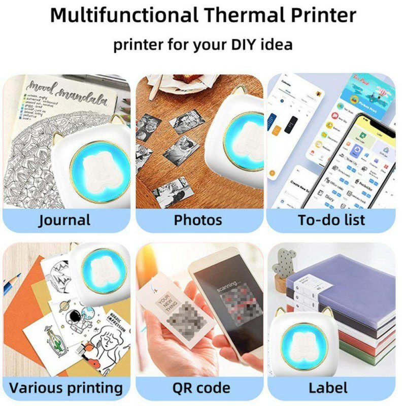 Printers & Supplies | Mini Pocket Printer Portable Thermal Printer with 6 Roll Thermal Paper + 5 Adhesive Paper 57x25mm Gift for Kids Study Work Office Compatible with Android iOS System Office & School Supplies Printers & Supplies