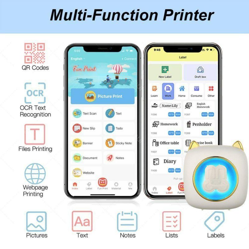 Printers & Supplies | Mini Pocket Printer Portable Thermal Printer with 6 Roll Thermal Paper + 5 Adhesive Paper 57x25mm Gift for Kids Study Work Office Compatible with Android iOS System Office & School Supplies Printers & Supplies