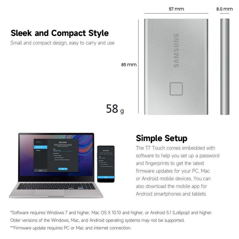 Solid State Drives | T7 Touch Type-C USB 3.2 500GB Portable SSD up to 1050MB/s Sequential Read Speed Fingerprint Identification Blue Silver Flash Drives & Storage Silver