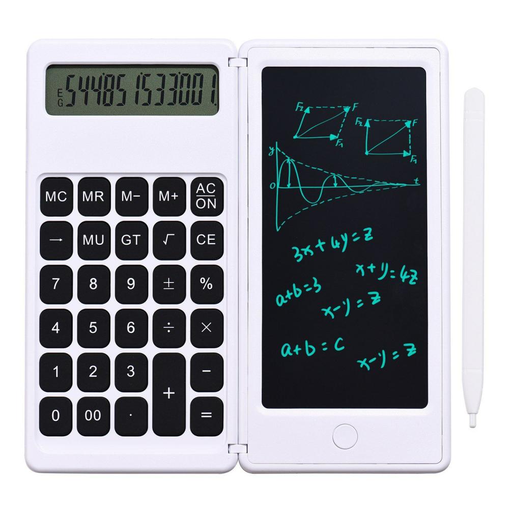 Tablet Accessories | Foldable Calculator & 6 Inch LCD Writing Tablet Digital Drawing Pad 12 Digits Display with Stylus Pen Erase Button for Children Adults Home Office School Use White Tablet Accessories Tablet Accessories